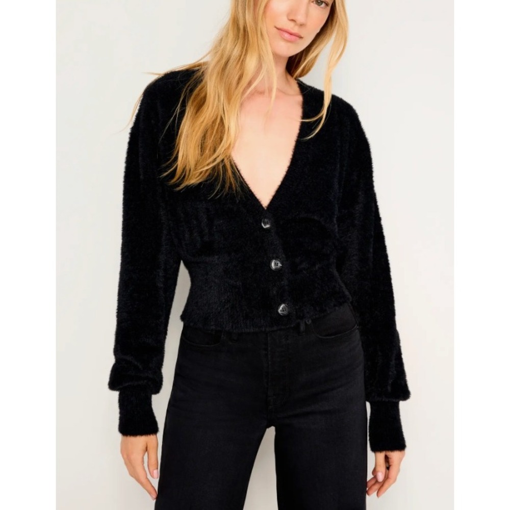 Good American Black Fuzzy Knit Cardigan Sweater GSK0289 Small